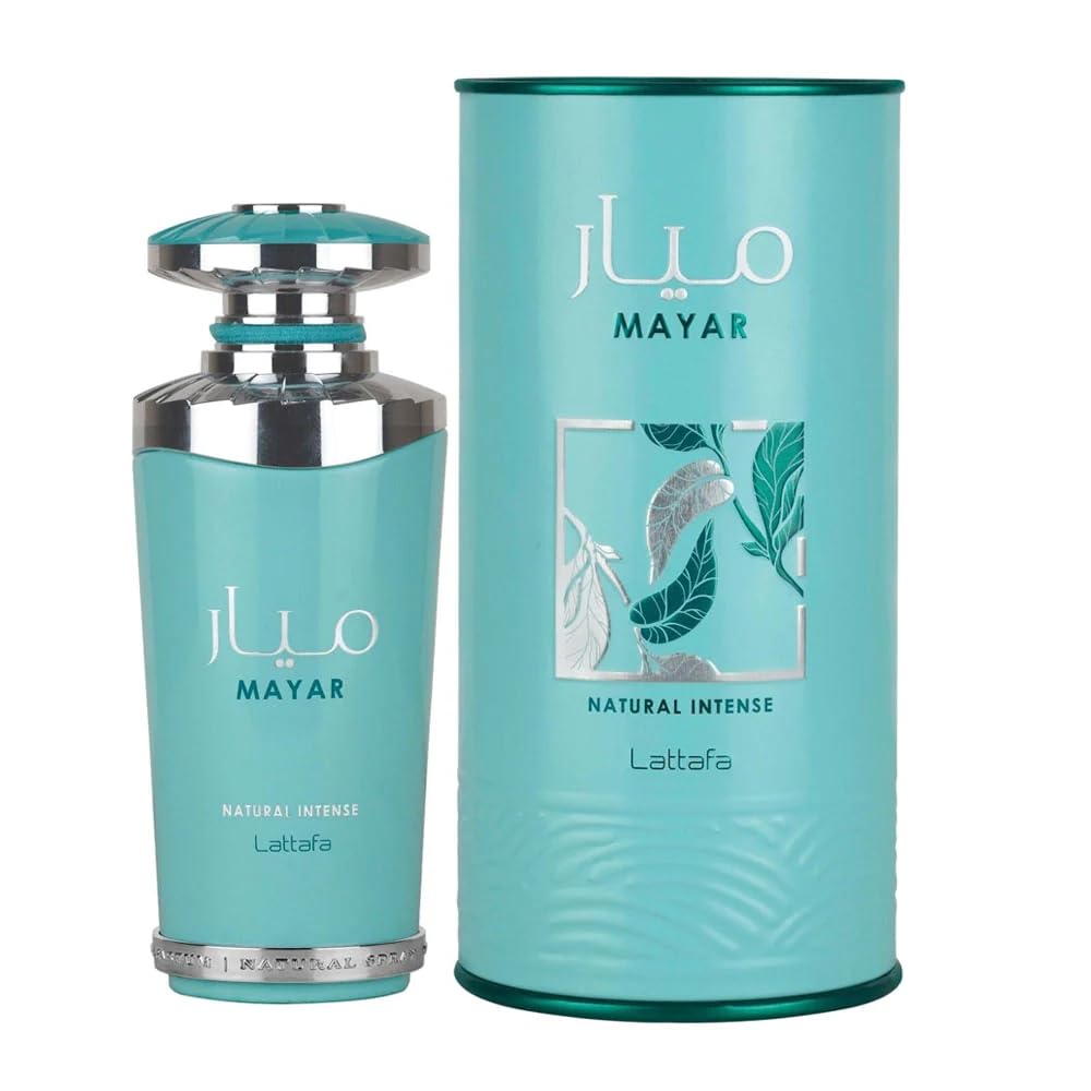 Lattafa Mayar Natural Intense bottle displayed on vanity for elegant presentation