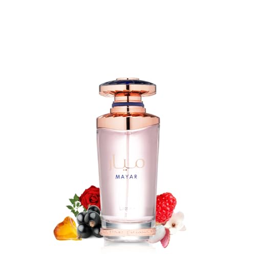 Lattafa Mayar top notes bottle with raspberry and litchi, vibrant opening for mornings.