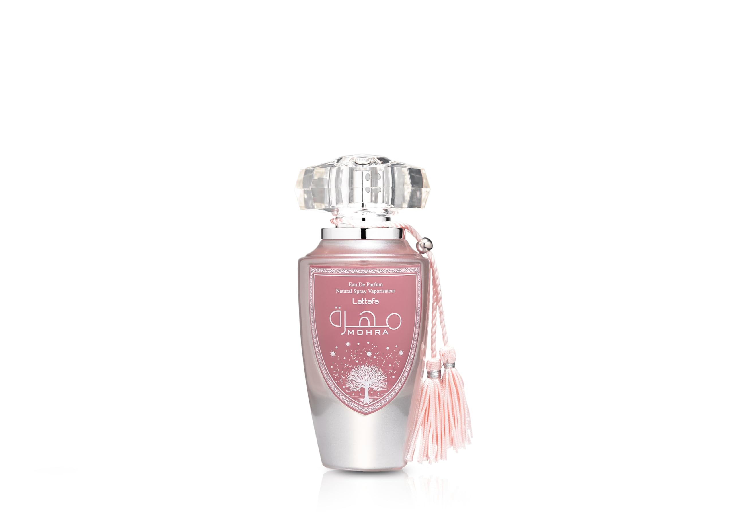 Lattafa Mohra Silky Rose bottle closeup reveals romantic, long-lasting daily wear