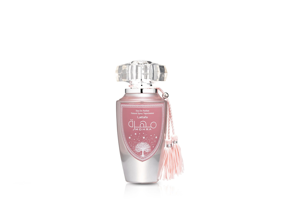 Lattafa Mohra Silky Rose bottle closeup reveals romantic, long-lasting daily wear