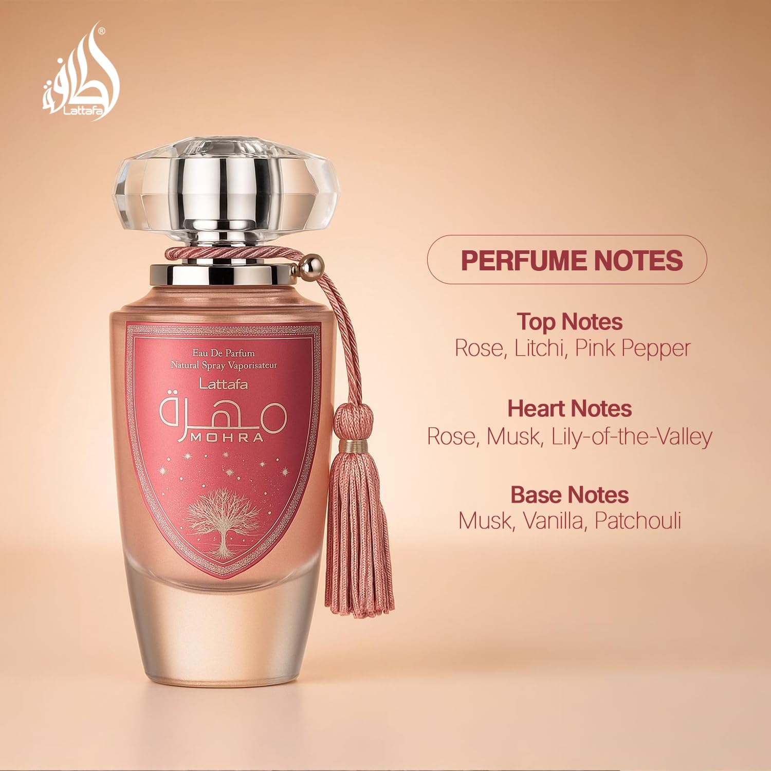 Lattafa Mohra Silky Rose bottle side view on an elegant silhouette for events