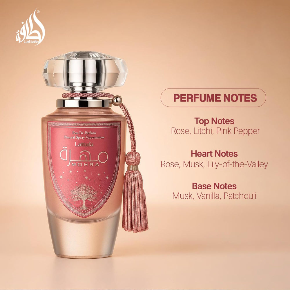 Lattafa Mohra Silky Rose bottle side view on an elegant silhouette for events
