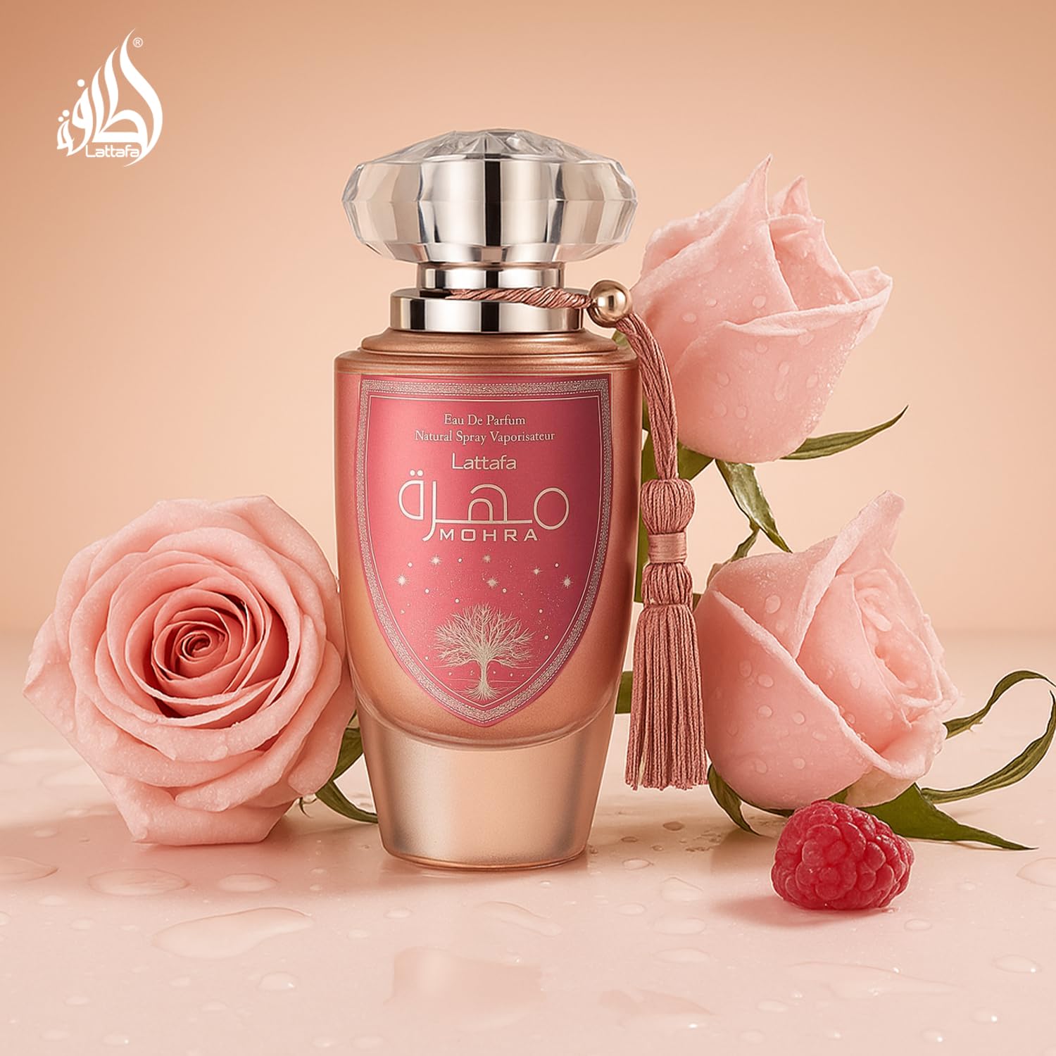 Lattafa Mohra Silky Rose spray action suggesting all-day aroma