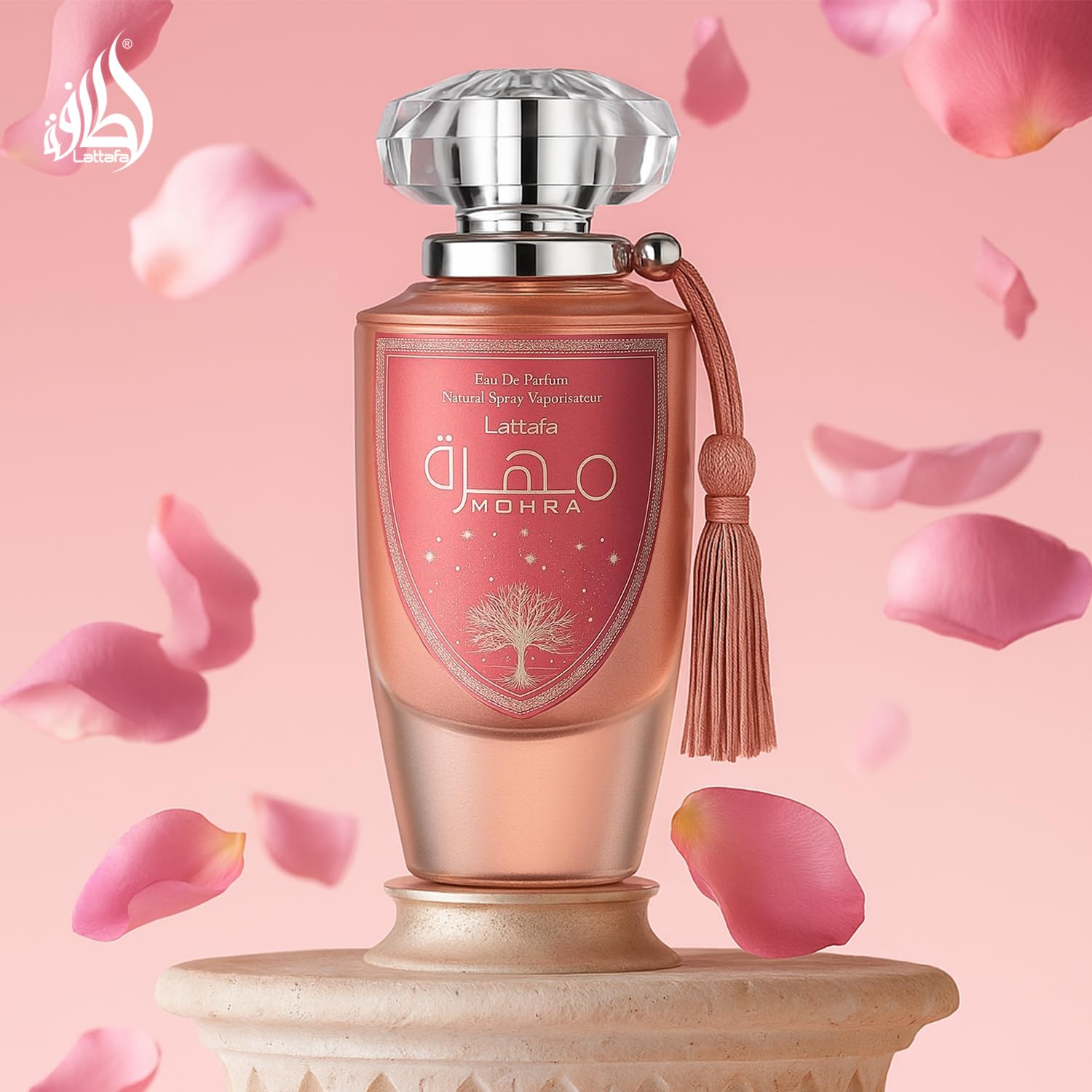 Lattafa Mohra Silky Rose top-note closeup highlights rose and litchi blend
