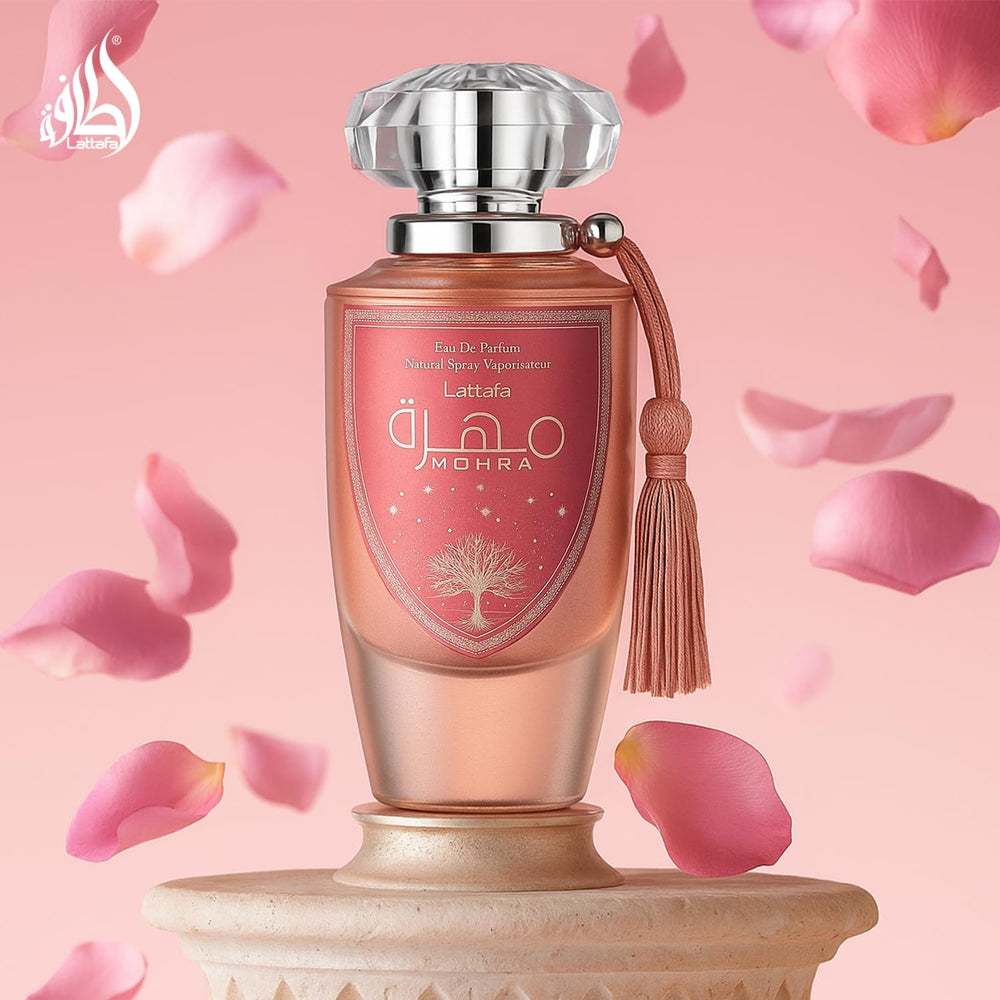 Lattafa Mohra Silky Rose top-note closeup highlights rose and litchi blend