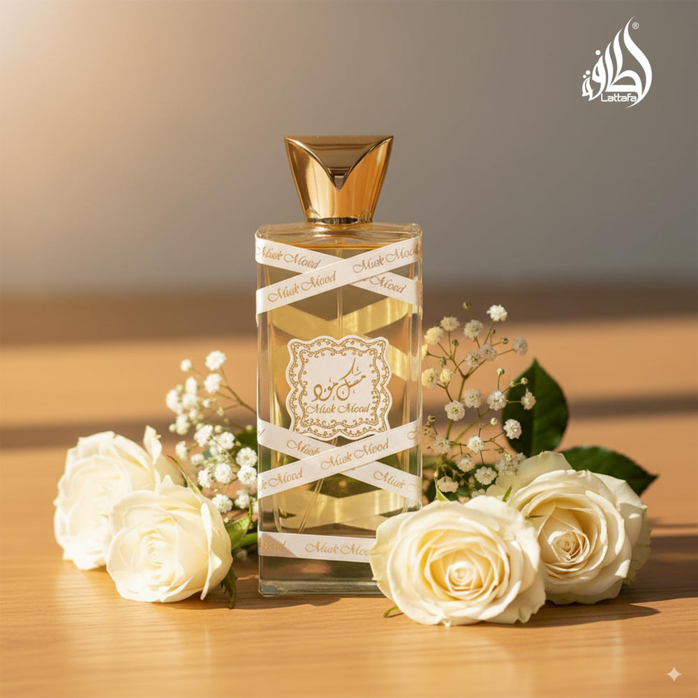 Lattafa Musk Mood label highlights brand heritage and transparent fragrance notes.