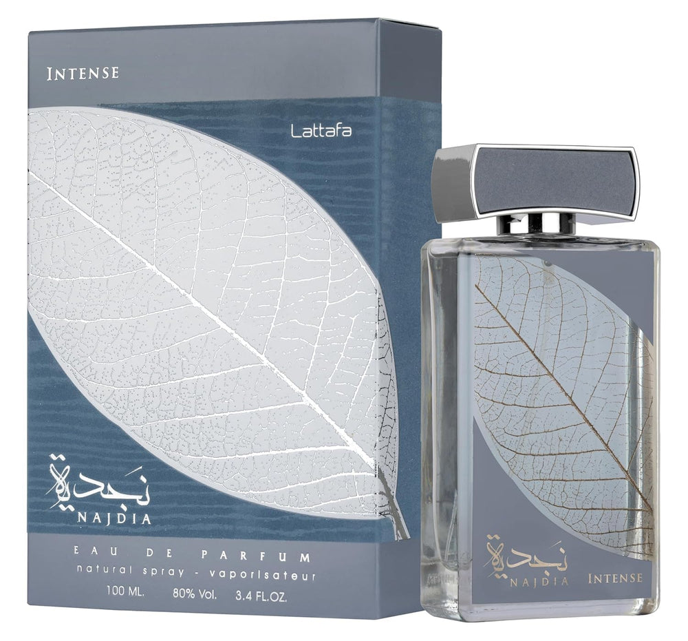 Lattafa Najdia Intense bottle front showcases a fresh, versatile daily scent.