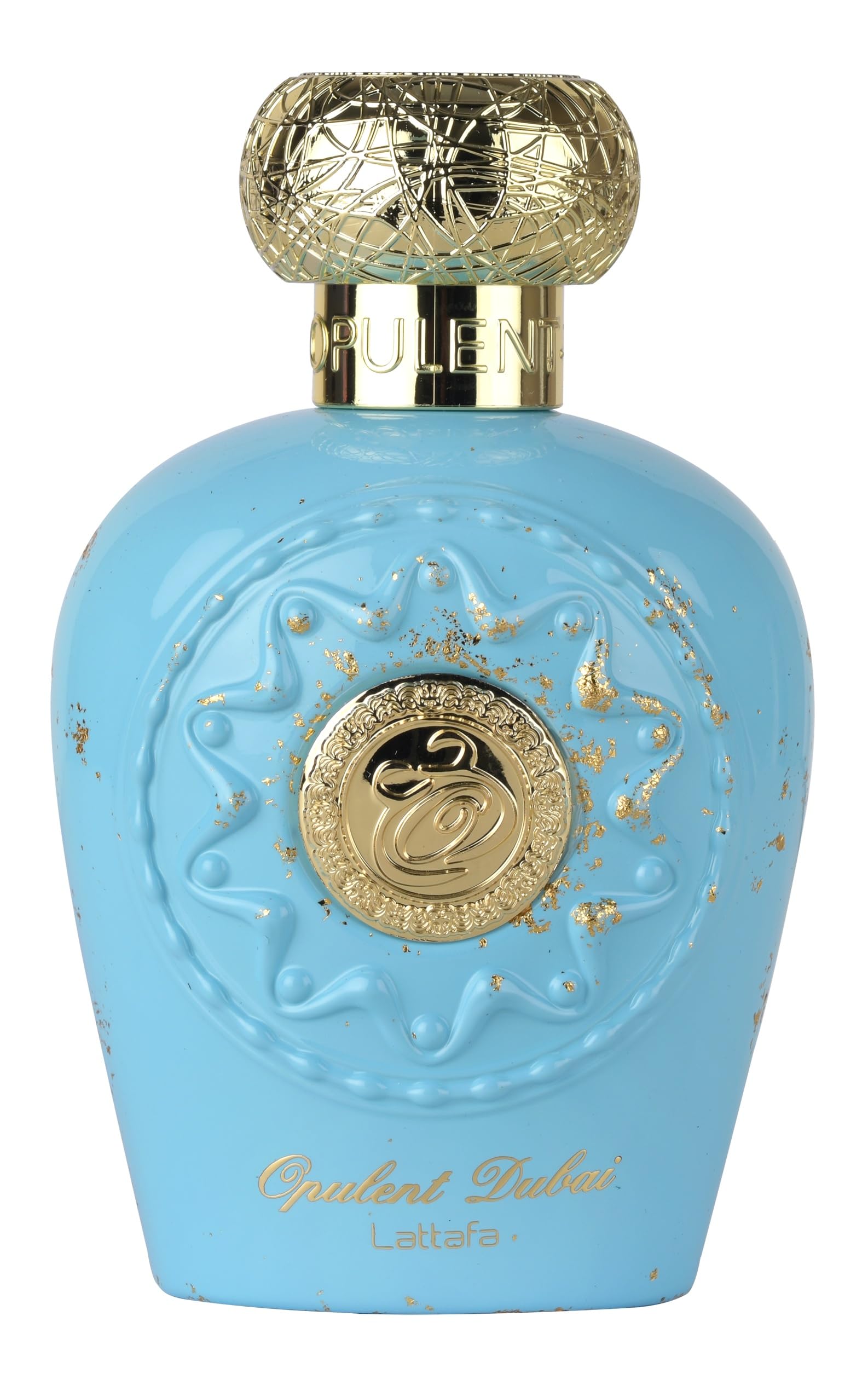 Lattafa Opulent Dubai bottle close-up showcasing luxury design and gift-worthy prestige.
