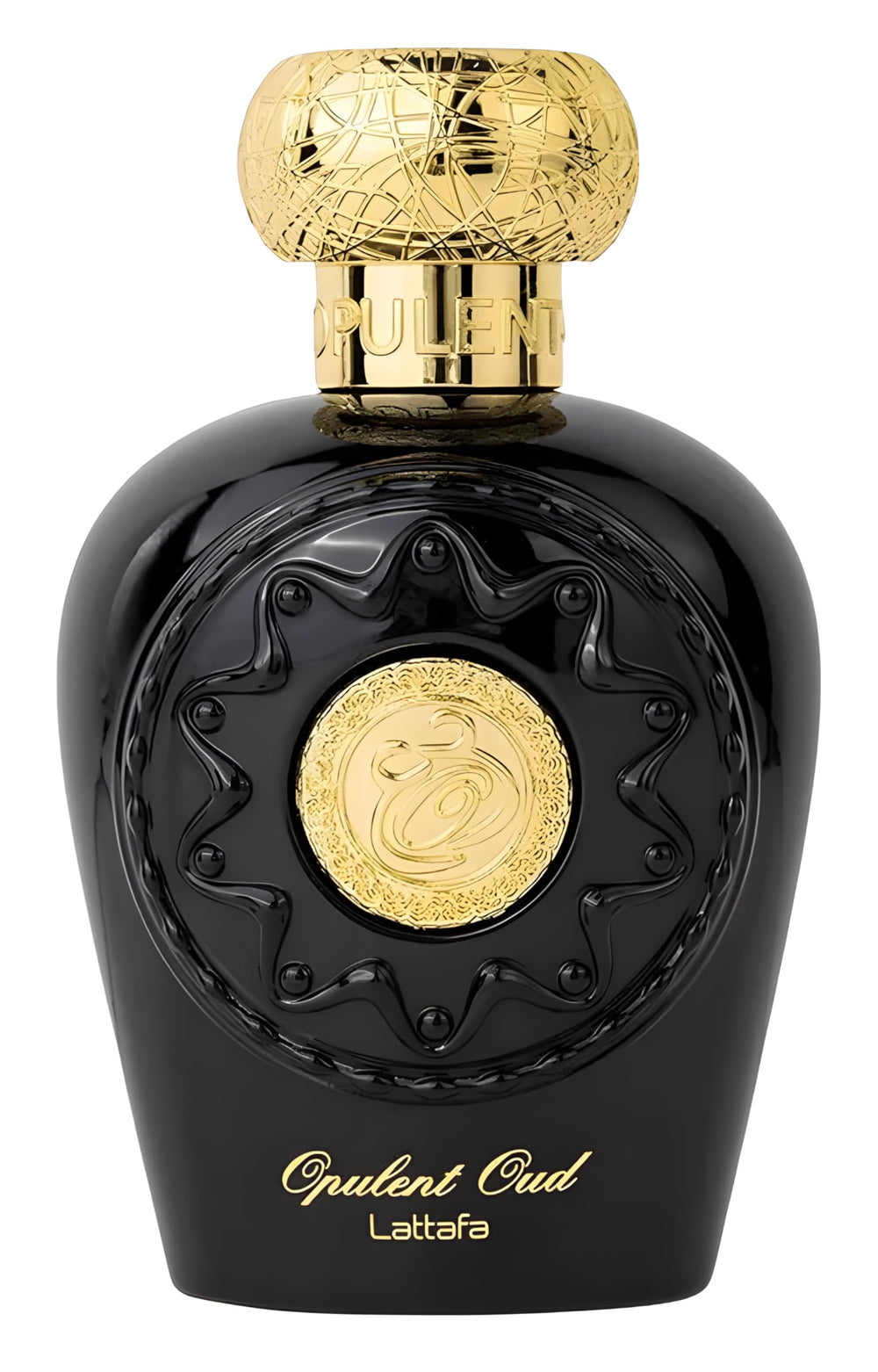 Lattafa Opulent Oud bottle front shows unisex appeal for evening wear