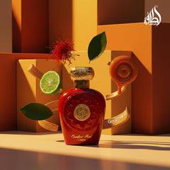 Lattafa Opulent Red bottle closeup label emphasizes premium materials and craft.