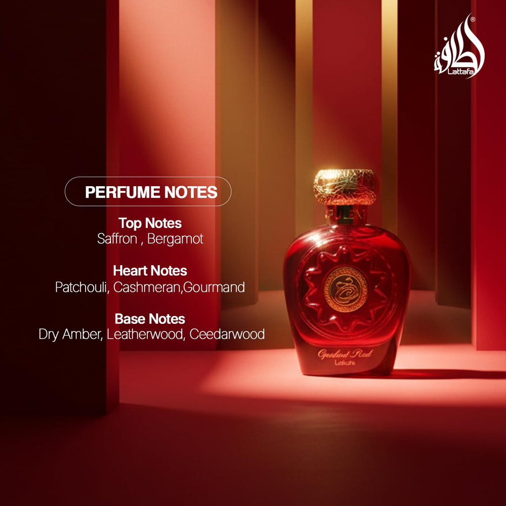Lattafa Opulent Red bottle side highlights its elegant silhouette suitable for gifting.