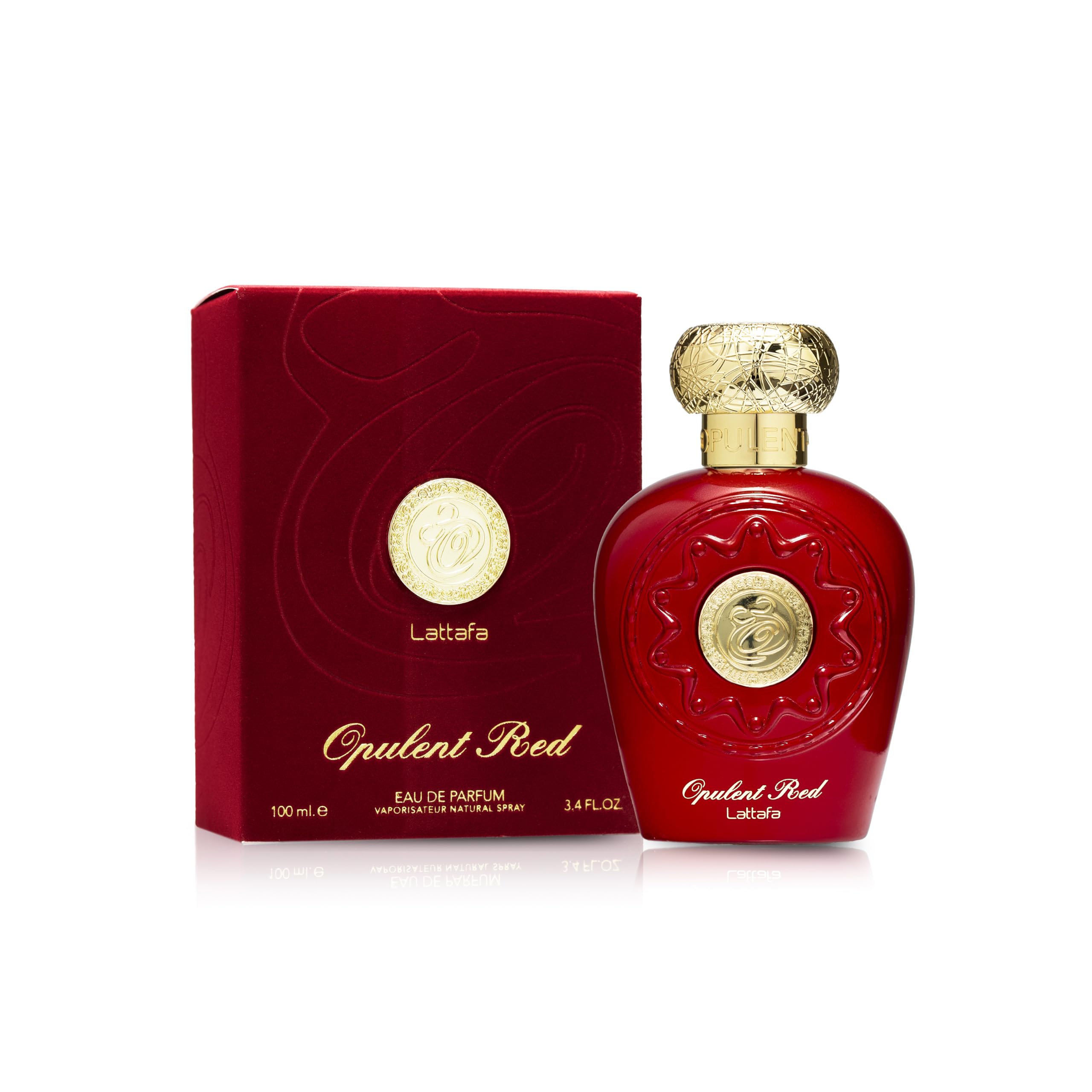Lattafa Opulent Red cap detail adds a luxe finish and collectible appeal.