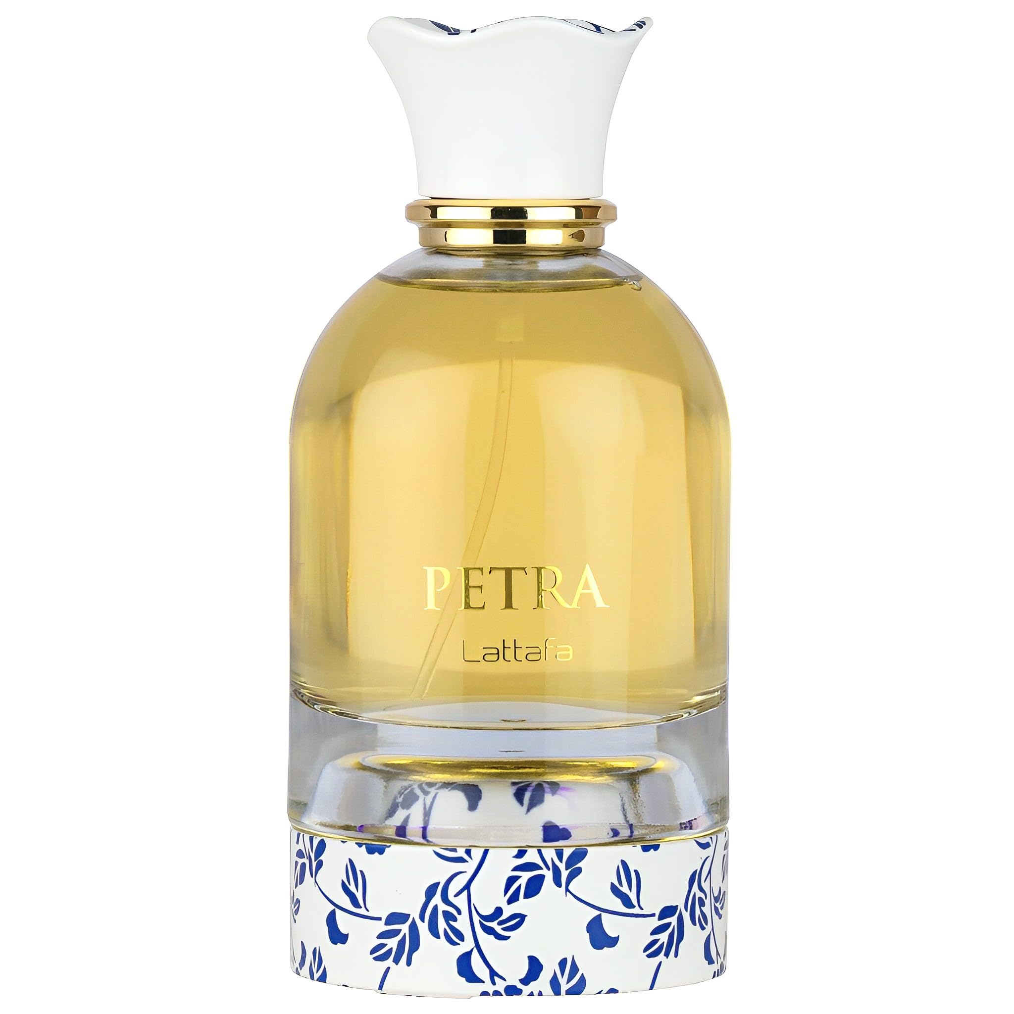 Lattafa Petra bottle on display, elegant Mediterranean-inspired scent for evenings.