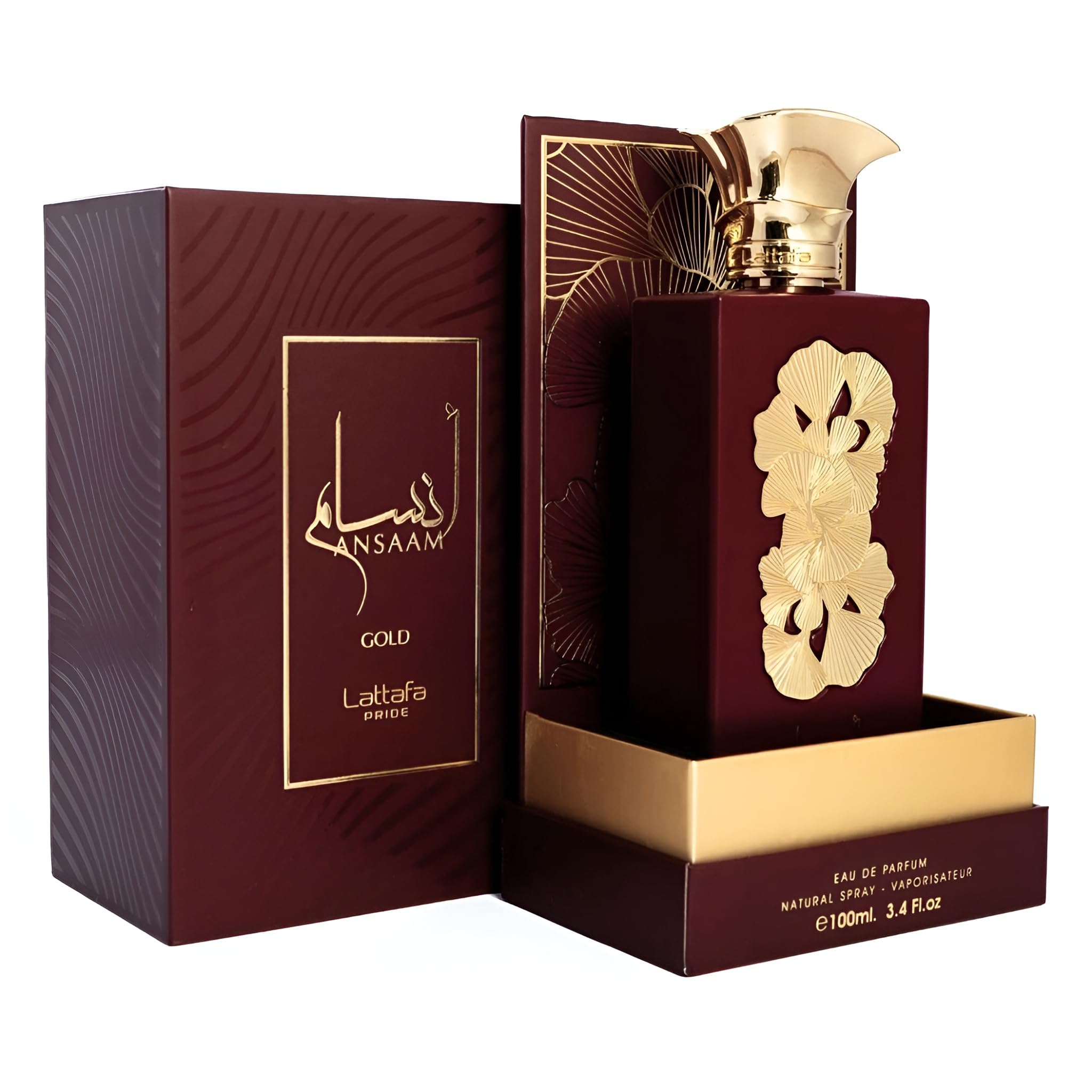 Lattafa Pride Ansaam Gold closeup label with premium branding and notes.