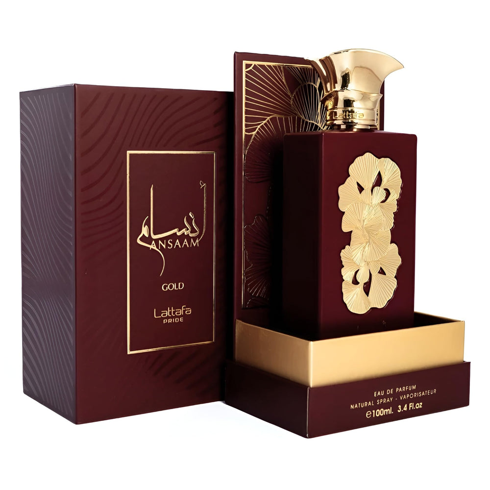 Lattafa Pride Ansaam Gold closeup label with premium branding and notes.