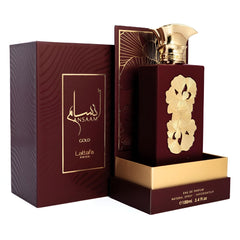 Lattafa Pride Ansaam Gold closeup label with premium branding and notes.