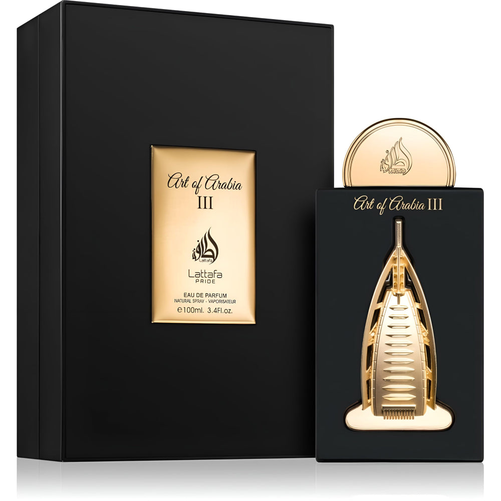 Lattafa Pride Art Of Arabia III perfume notes close-up shows dates and tuberose for evening allure.