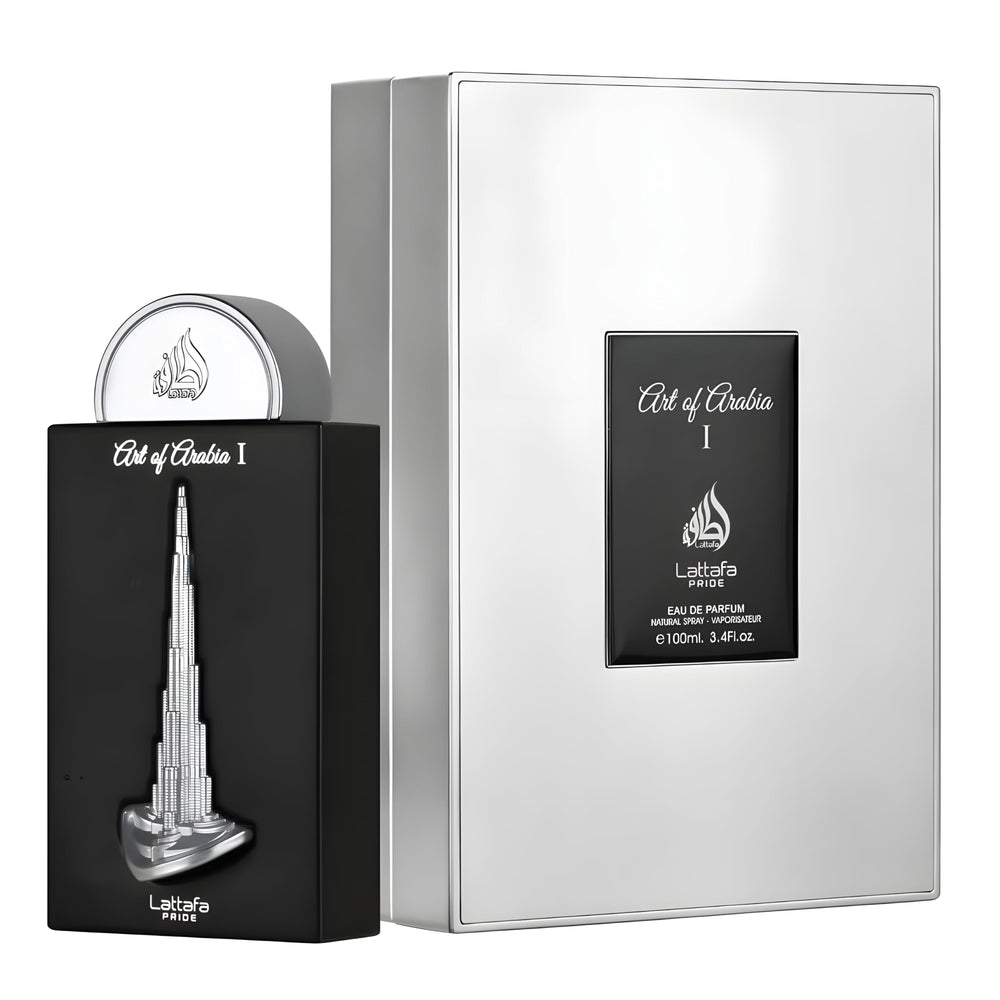 Lattafa Pride Art of Arabia I shelf display highlights long-lasting day-to-night versatility