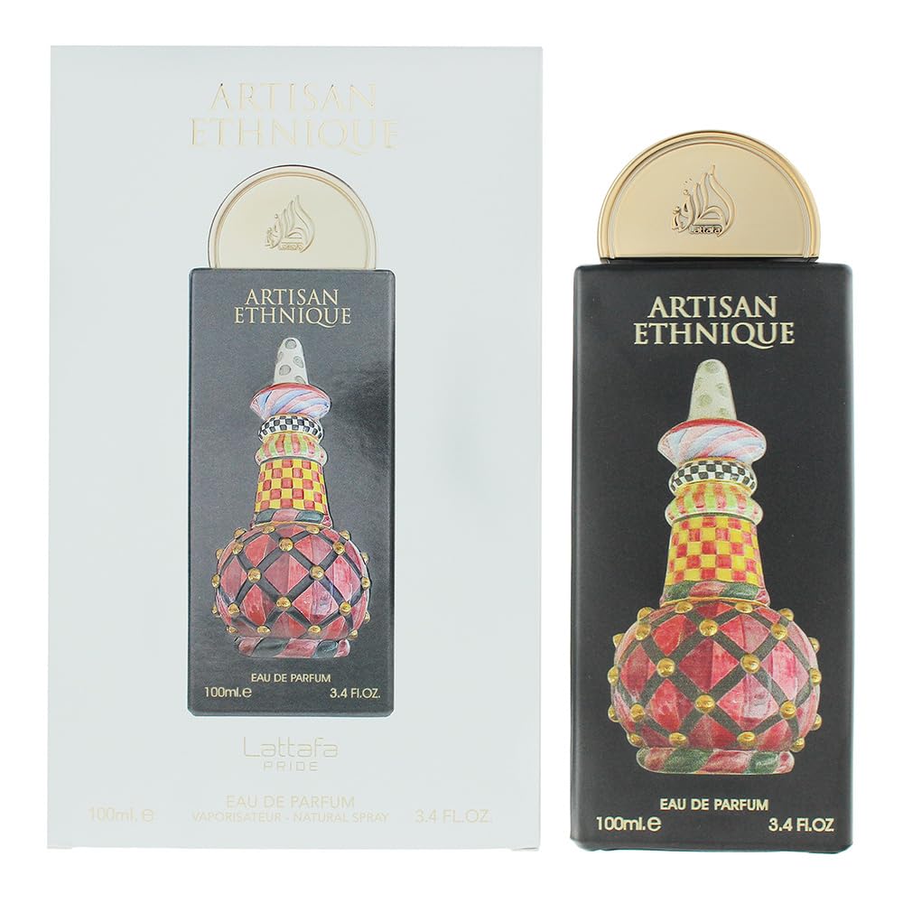 Lattafa Pride Artisan Ethnique bottle; long-lasting unisex fragrance for evenings.