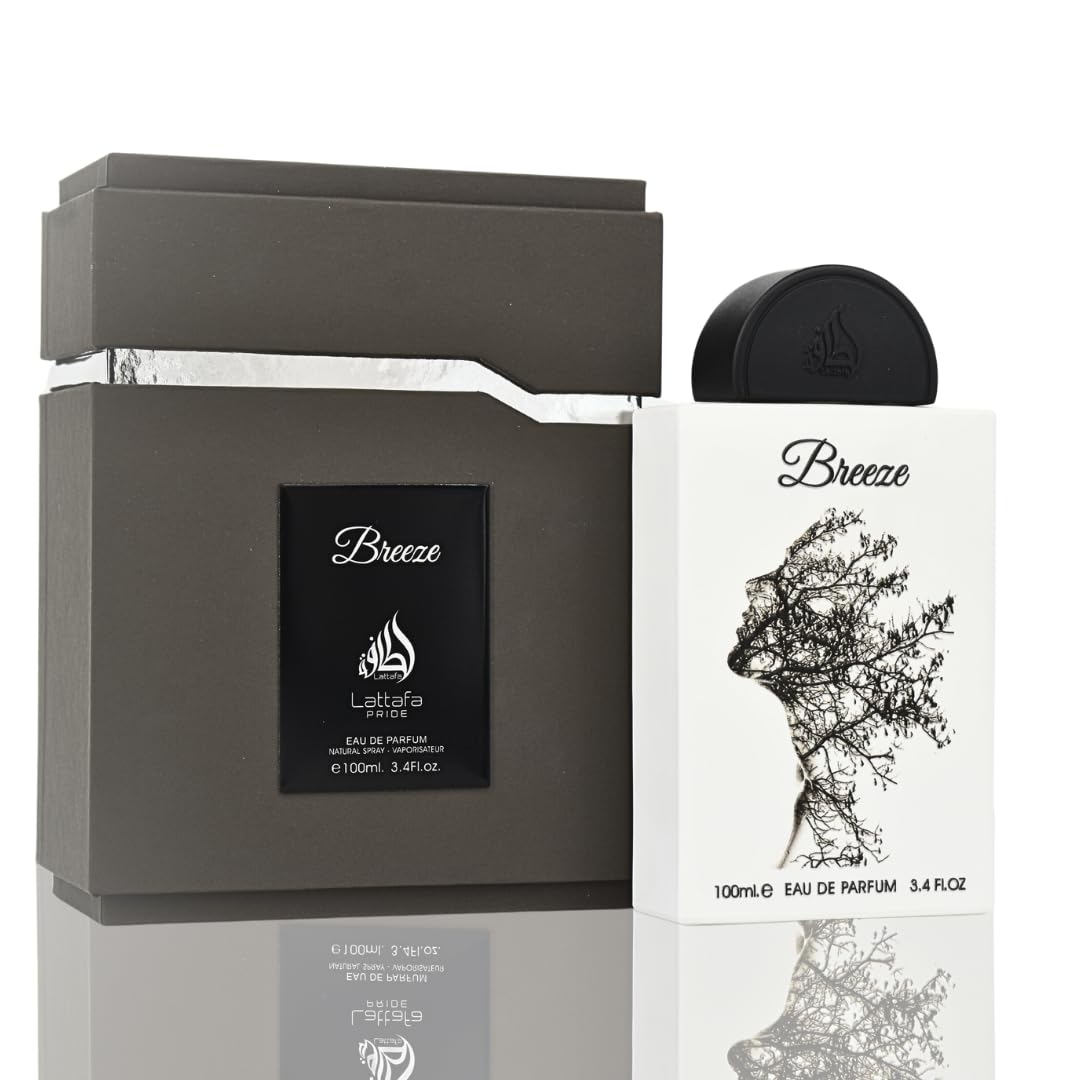 Lattafa Pride Breeze bottle closeup showcases elegant design with versatile everyday-wear mood