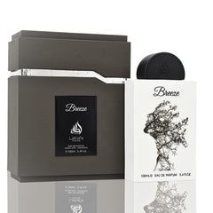 Lattafa Pride Breeze bottle closeup showcases elegant design with versatile everyday-wear mood