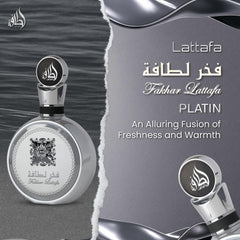 Lattafa Pride Fakhar Platin bottle side shows unisex appeal