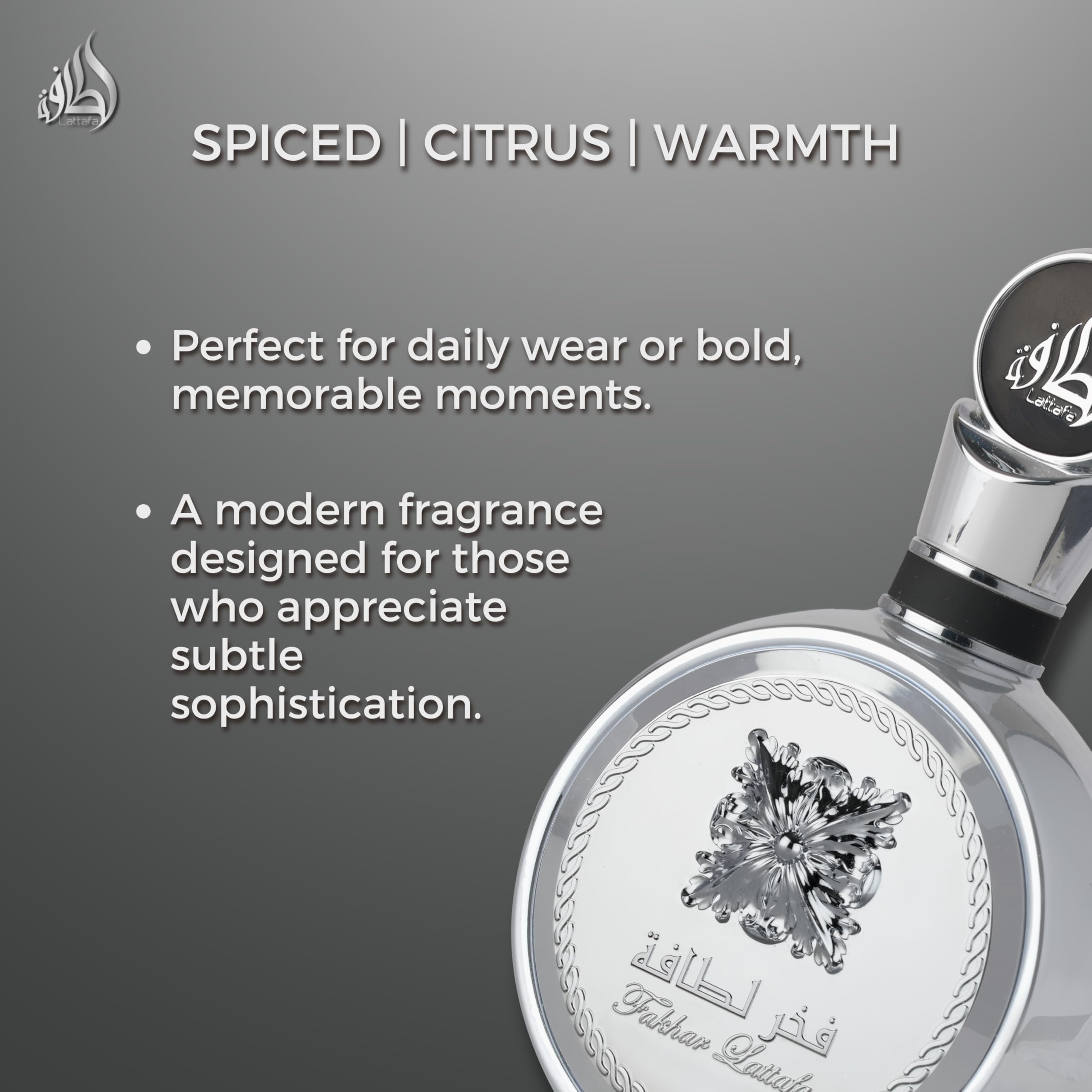 Lattafa Pride Fakhar Platin bottle highlights woody notes for refinement