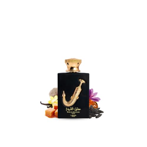 Lattafa Pride Ishq Al Shuyukh Gold bottle cap shot highlights sleek design and luxury appeal