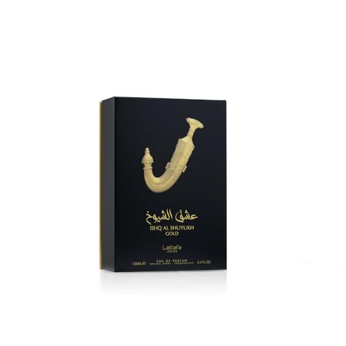 Lattafa Pride Ishq Al Shuyukh Gold bottle close-up captures warm amber and vanilla notes