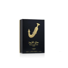 Lattafa Pride Ishq Al Shuyukh Gold bottle close-up captures warm amber and vanilla notes