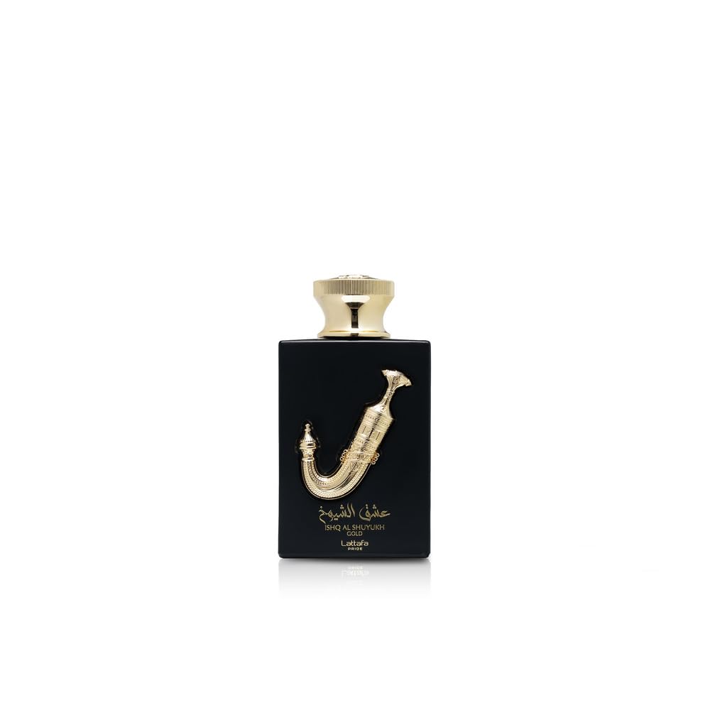 Lattafa Pride Ishq Al Shuyukh Gold bottle front shows premium unisex fragrance for daily wear