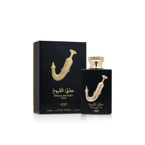 Lattafa Pride Ishq Al Shuyukh Gold packaging close-up signals gifting-worthy elegance