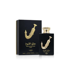 Lattafa Pride Ishq Al Shuyukh Gold packaging close-up signals gifting-worthy elegance