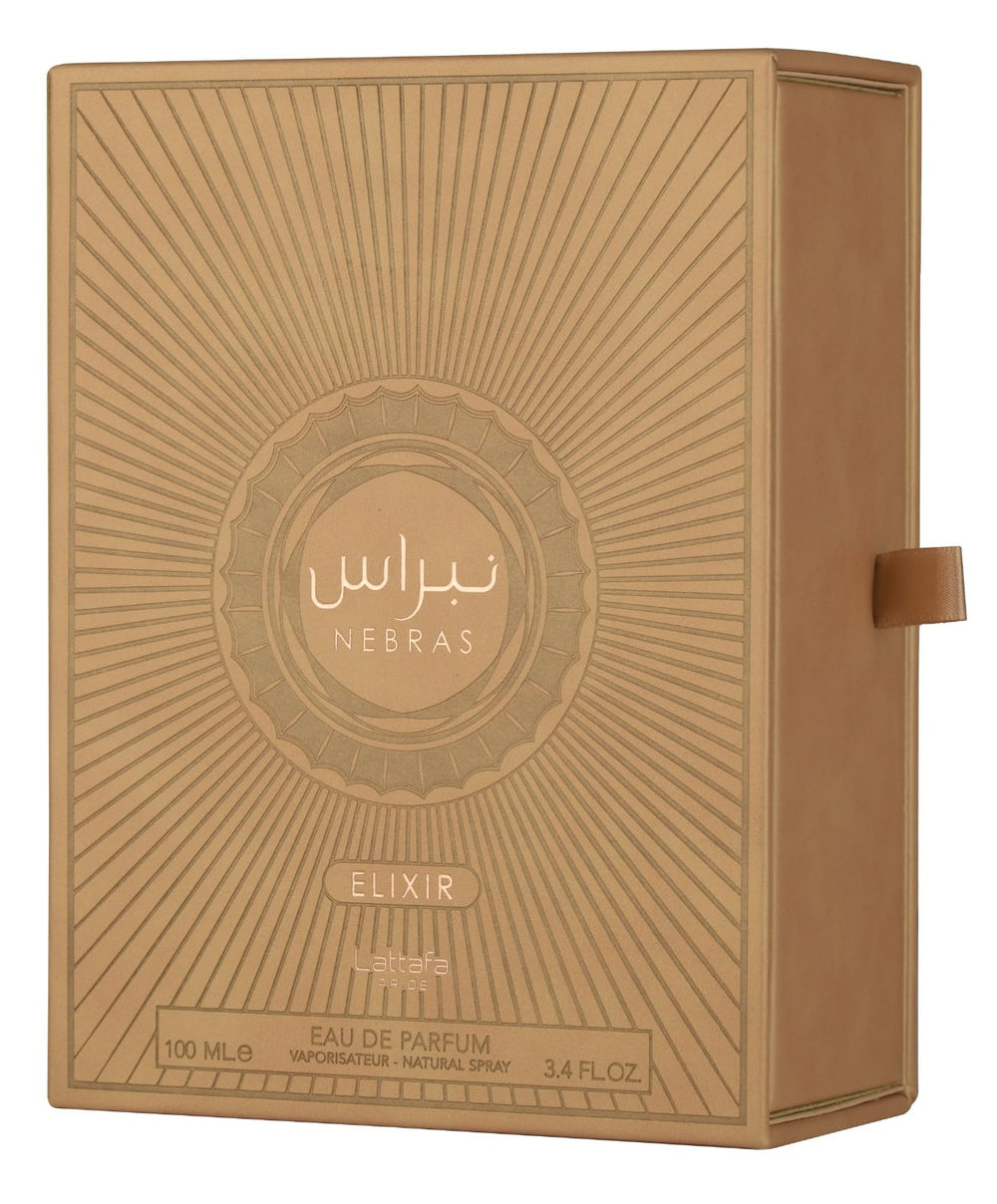Lattafa Pride Nebras Elixir heart notes with heliotrope and sugar cane deepen sweetness for versatile wear.
