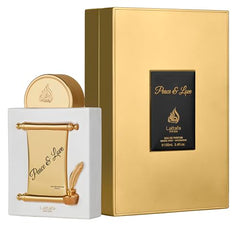 Lattafa Pride Peace & Love bottle side view, versatile elegance for any occasion.