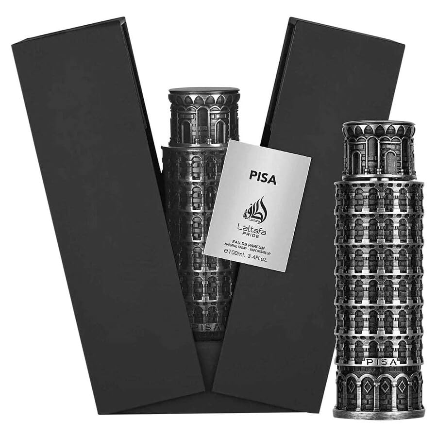 Lattafa Pride Pisa EdP spray angled shot highlights lasting projection