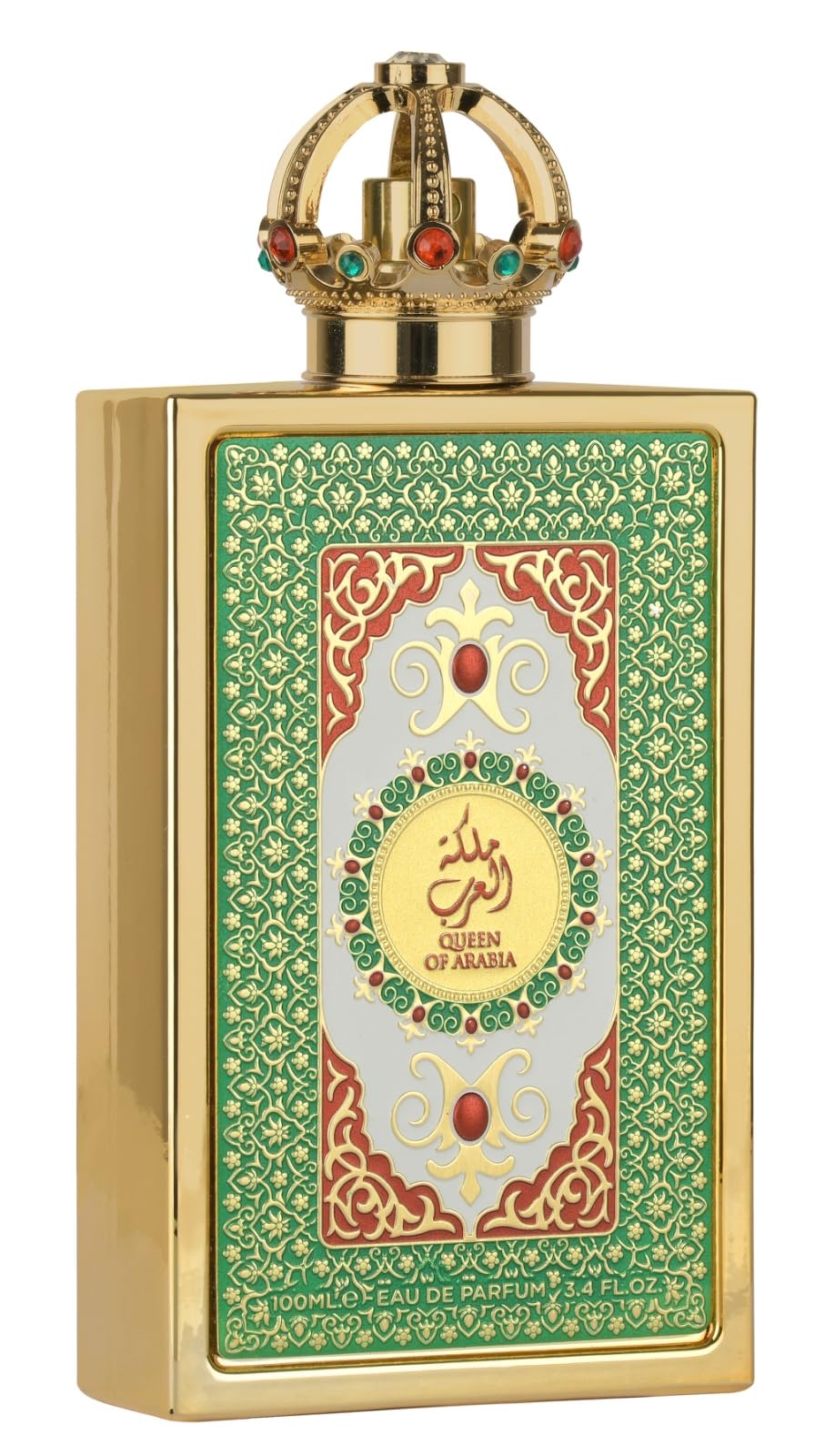Lattafa Pride Queen of Arabia bottle in gold finish signals regal luxury for evenings