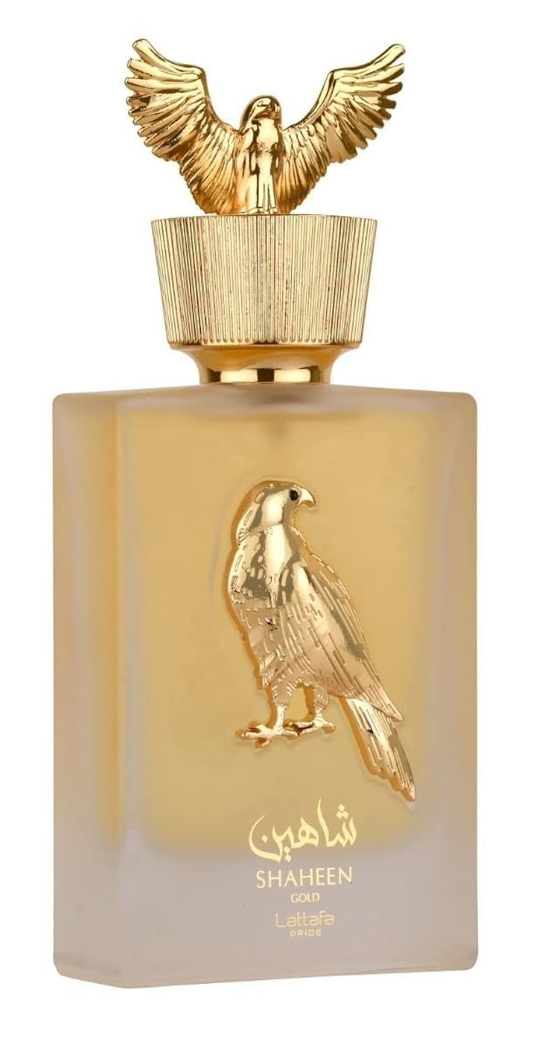 Lattafa Pride Shaheen Gold bottle closeup shows luxurious gold accents and premium scent.