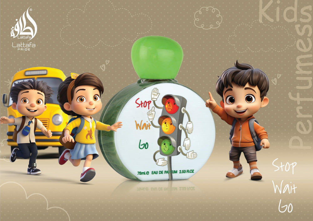 Lattafa Pride Stop Wait Go for Kids bottle on wrist, a gentle fragrance for playful moments.