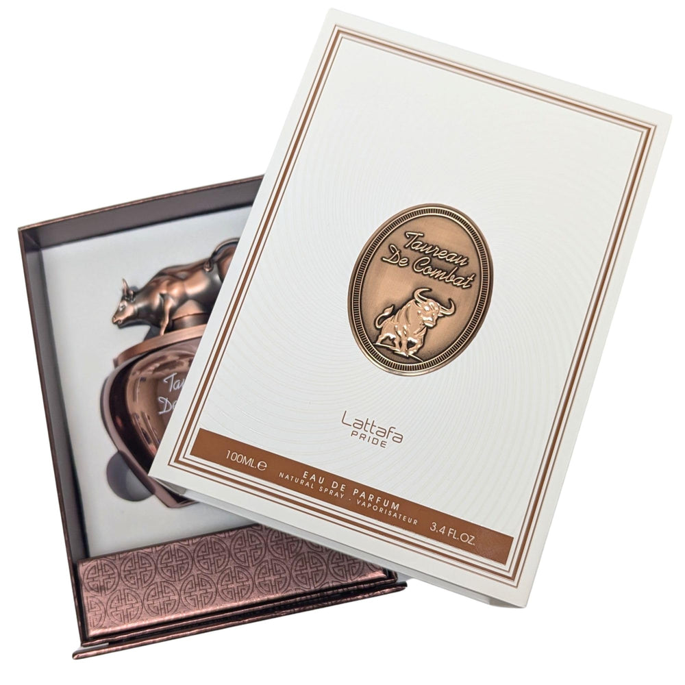 Lattafa Pride Taureau De Combat packaging on display conveys luxury.