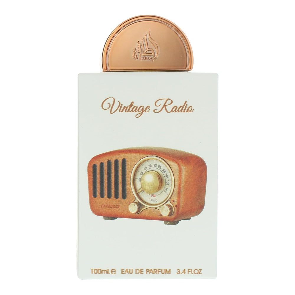 Lattafa Pride Vintage Radio label-closeup highlights notes blend, great for refined evening scents.
