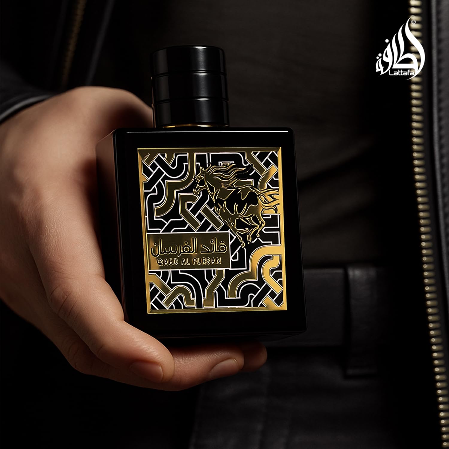 Lattafa Qaed Al Fursan base notes closeup reveals musk and oakmoss depth.