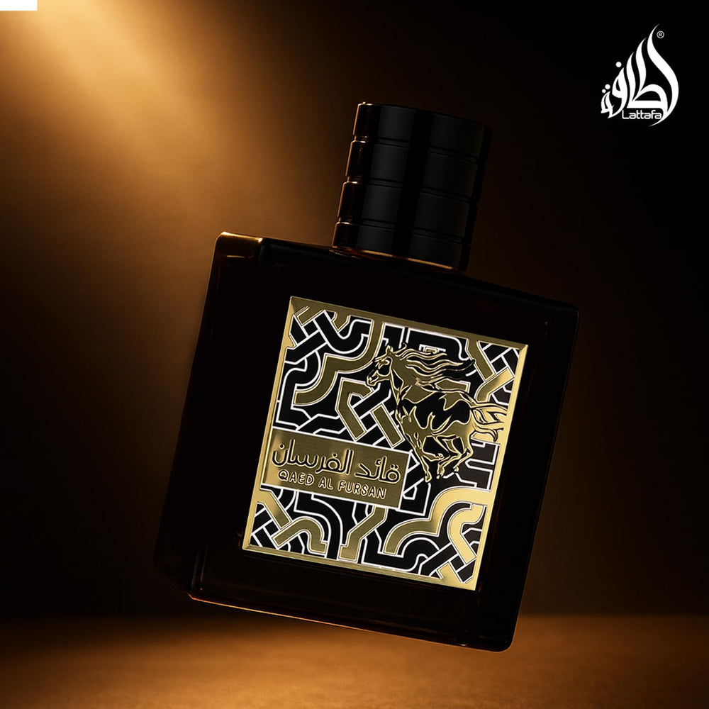 Lattafa Qaed Al Fursan box packaging signaling premium presentation.
