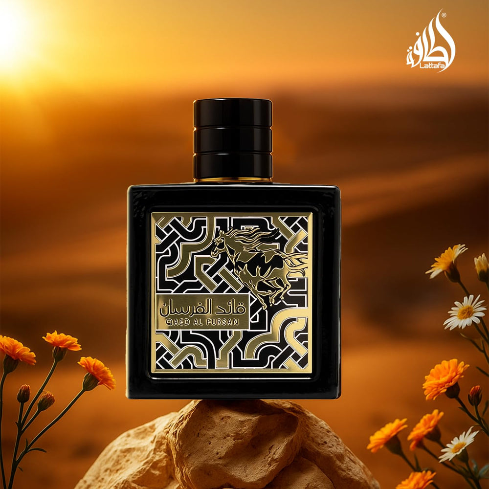 Lattafa Qaed Al Fursan cap closeup emphasizing refined luxury design.