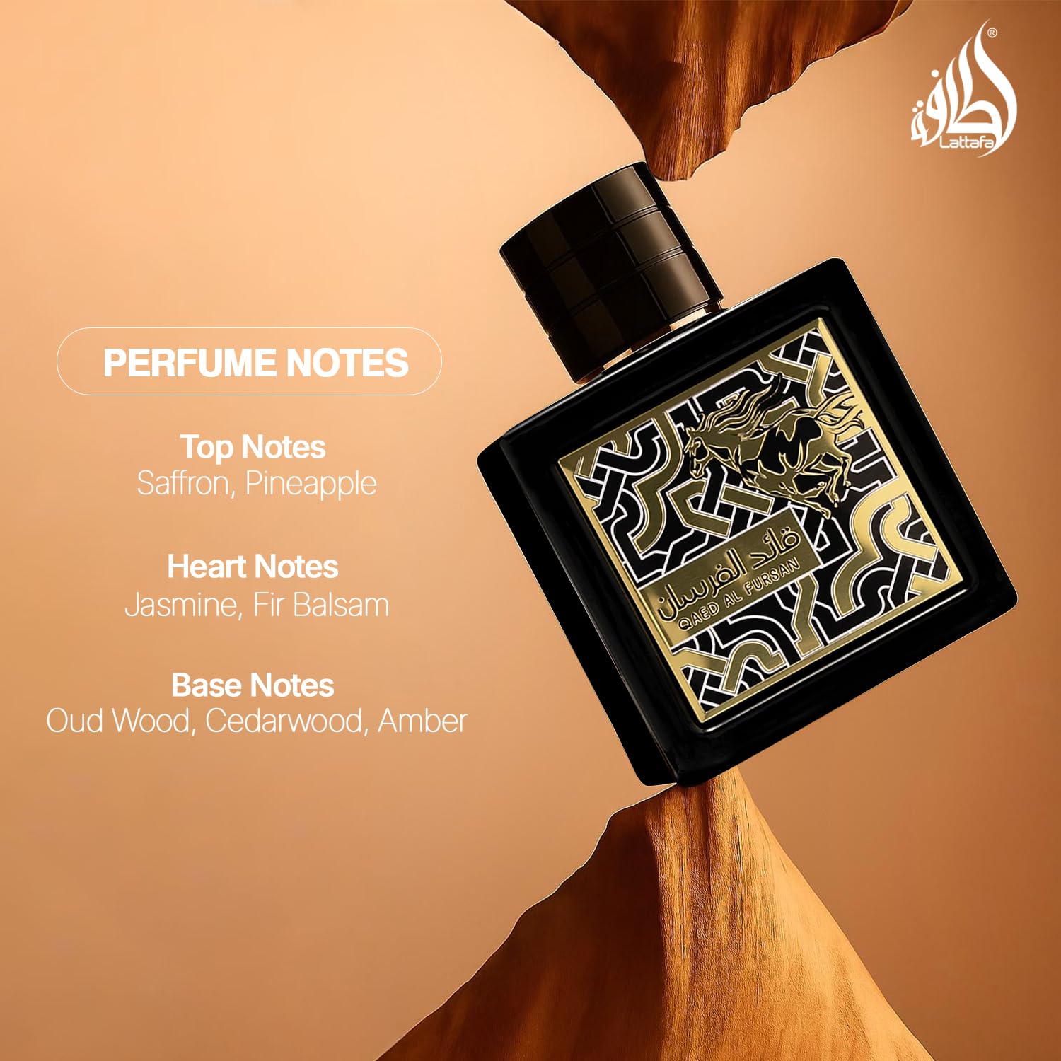 Lattafa Qaed Al Fursan middle notes closeup shows patchouli with jasmine and rose.