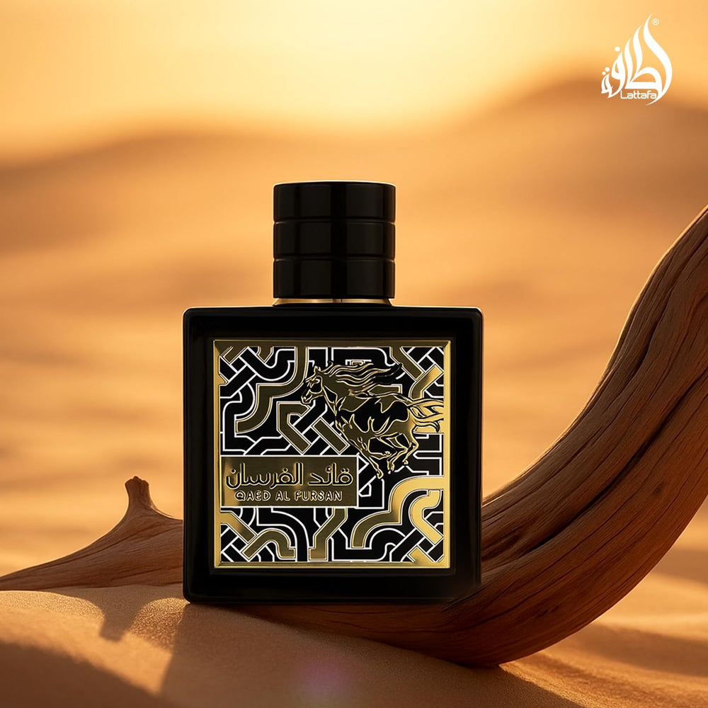 Lattafa Qaed Al Fursan top notes closeup highlight berry and bergamot freshness.