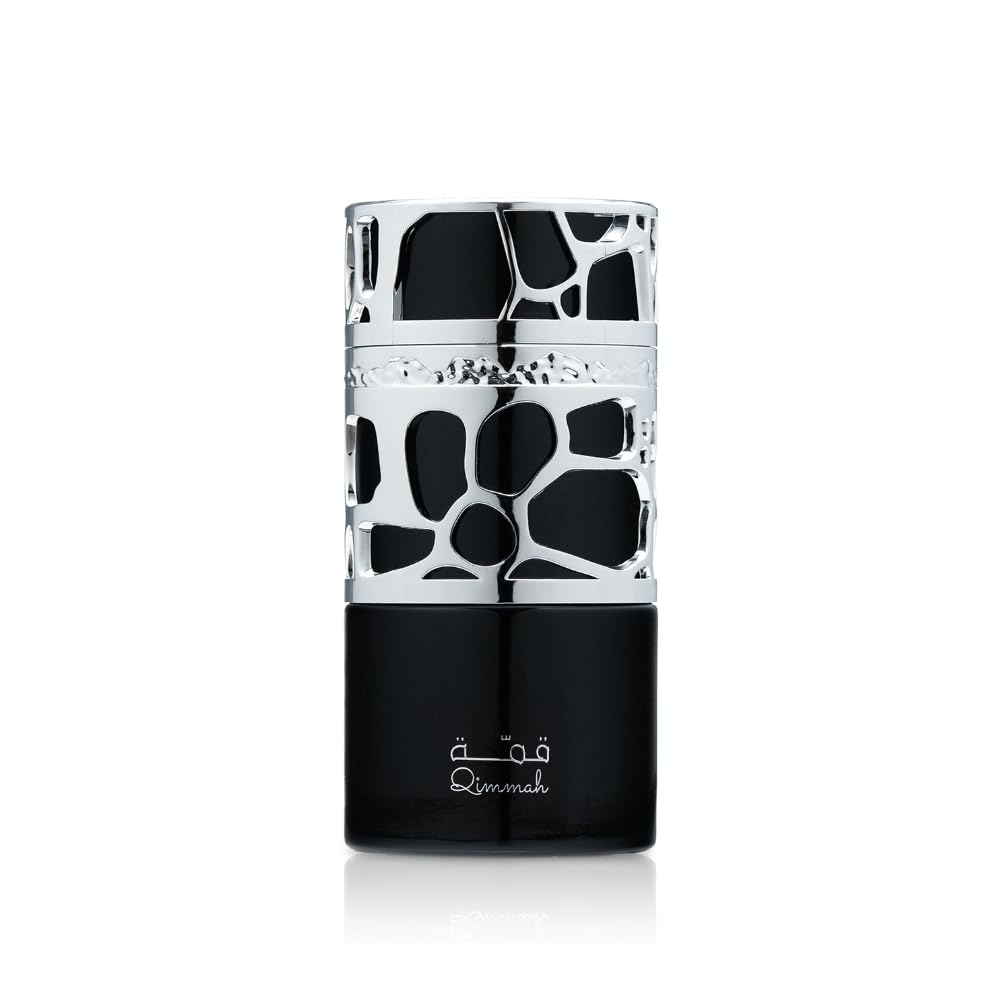Lattafa Qimmah bottle front shows a fresh, woodsy scent for daily wear and confidence.