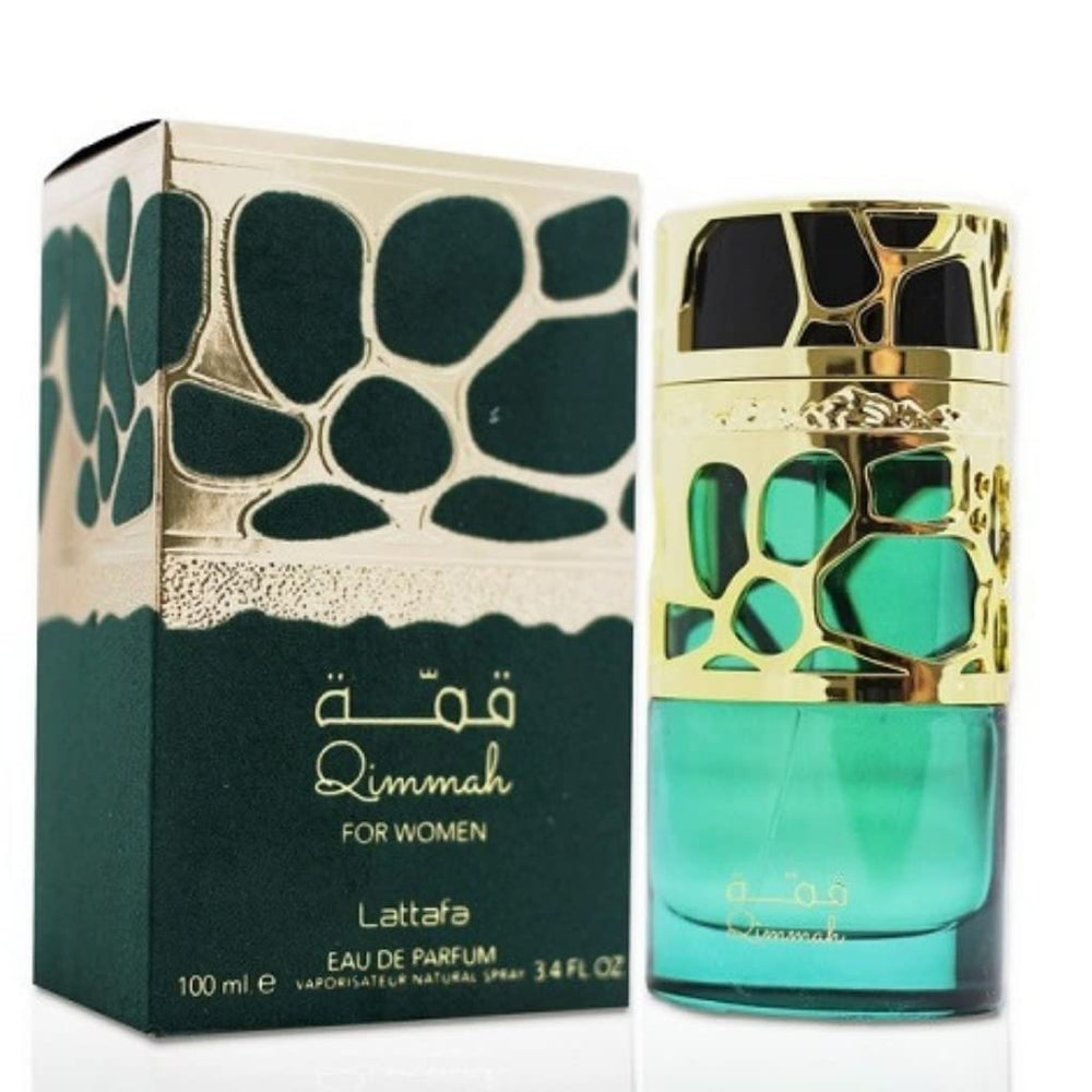 Lattafa Qimmah for Women EDP bottle-front shows an elegant oriental fragrance on display for daily wear