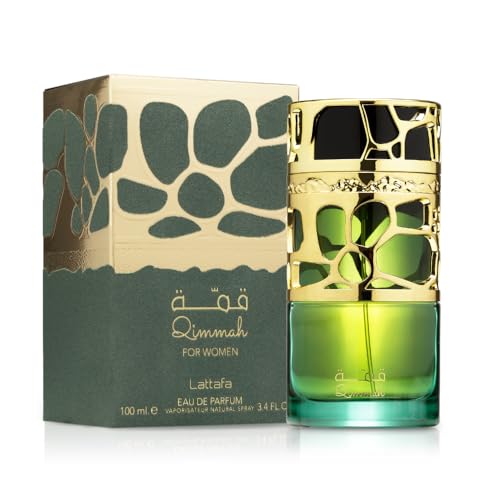Lattafa Qimmah opening notes close-up, lavender saffron sage — fresh daytime aroma.