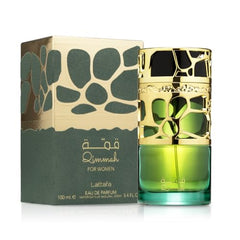 Lattafa Qimmah opening notes close-up, lavender saffron sage — fresh daytime aroma.